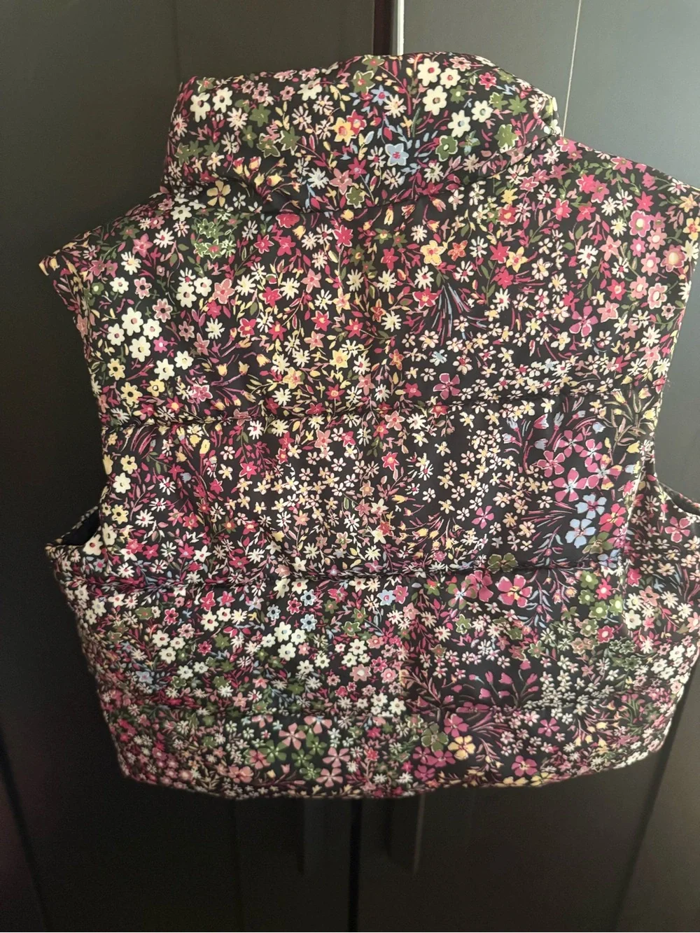 GAP Girls Floral Puffer Vest - Black with Pink, White & Green Floral Print